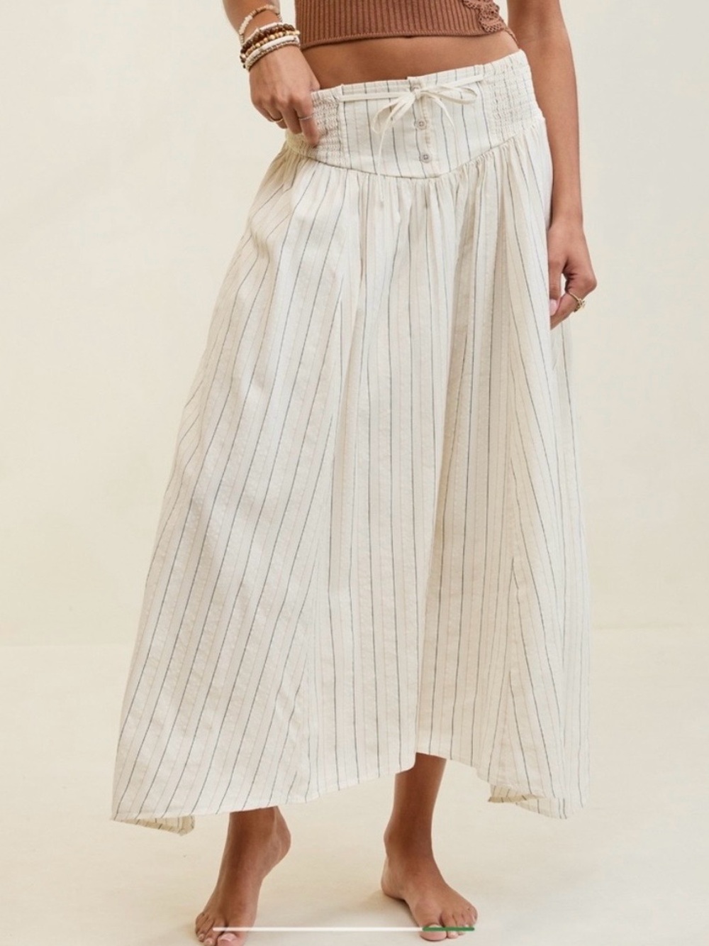 Aerie Striped Smocked Waist Midi Skirt Size XS - Cream